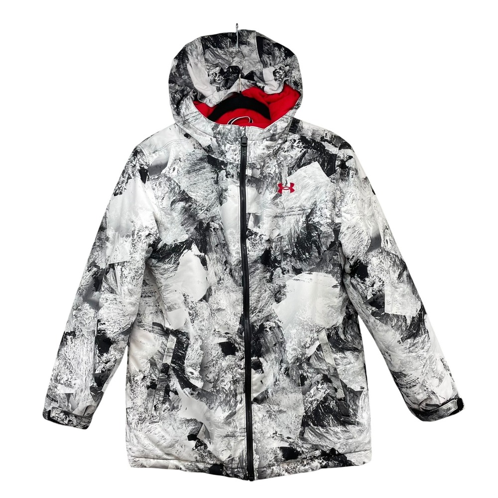 Under Armour Puffer Jacket Boys Large YLG Black White Abstract Mountain Print